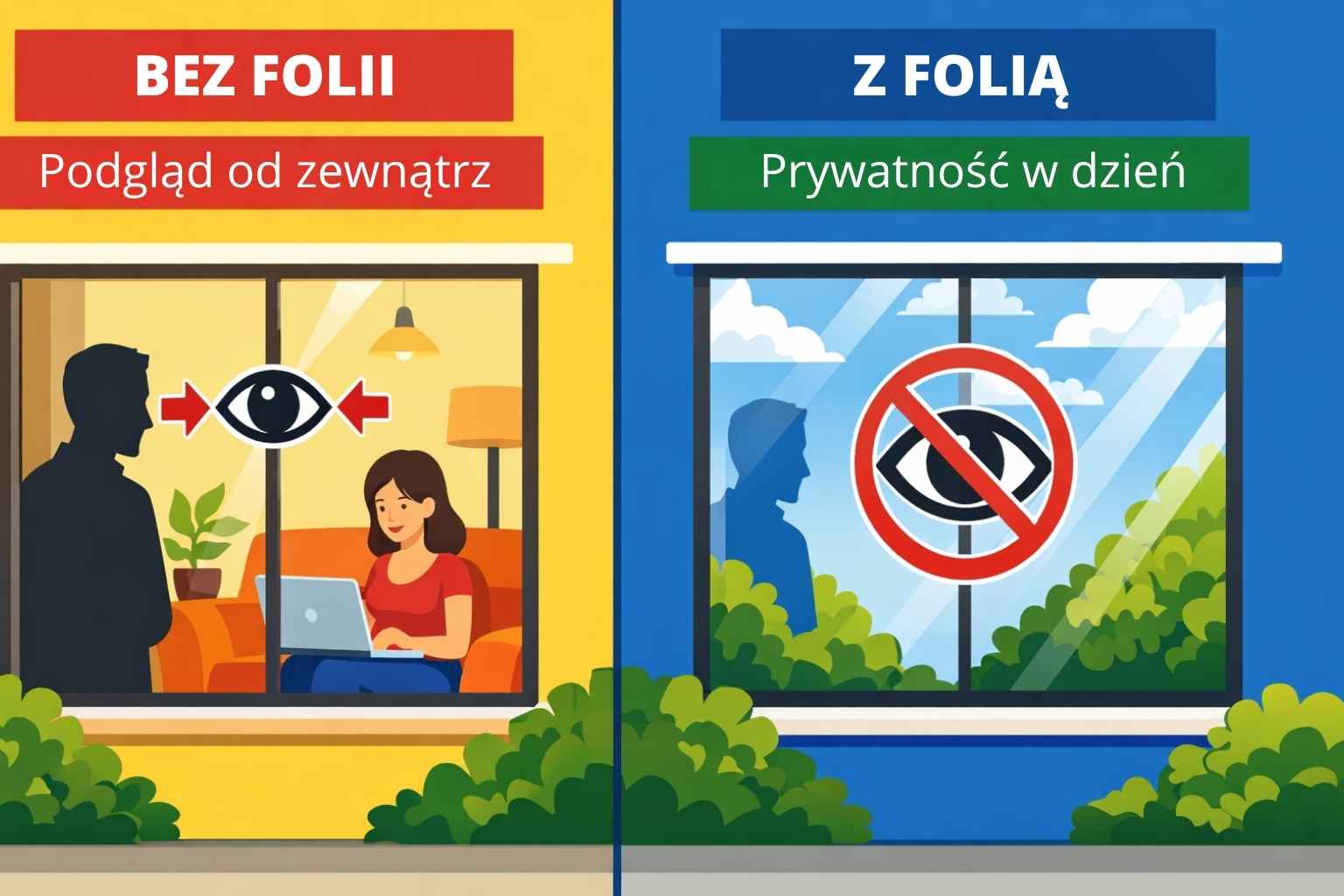 porównanie prywatności okna bez folii i z folią okienną